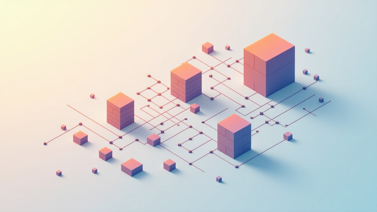 Blockchain technology visualization showing connected blocks in a three-dimensional space