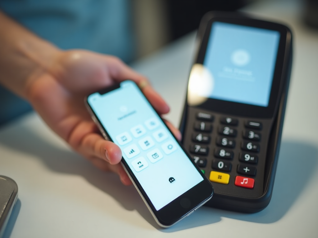 Smartphone displaying a payment app interface next to a payment terminal