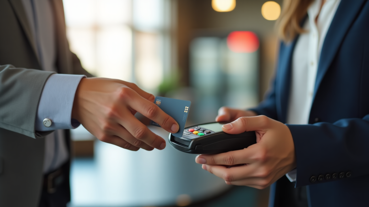 Person using a contactless payment terminal with a card