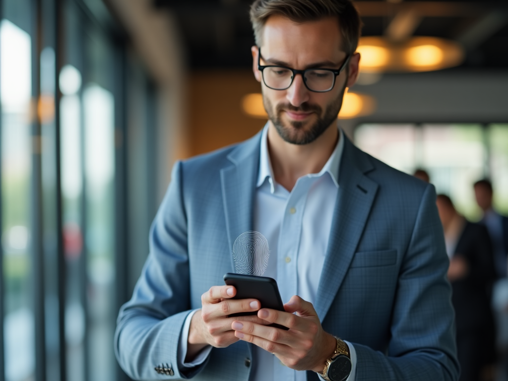 Person using biometric authentication on a smartphone for financial services