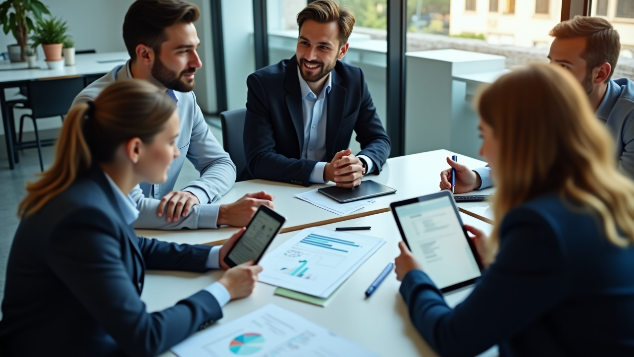 Professionals in a meeting discussing fintech solutions with digital displays